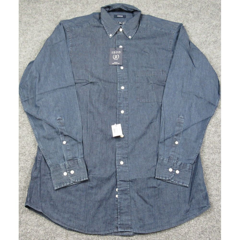 Izod Shirt Mens 15.5 34/35 Medium Lightweight Denim‎ Dark Wash Long Sleeve